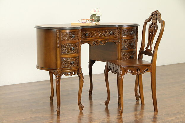 French Style Carved Walnut Vintage Kidney Desk & Chair Set #32438 photo