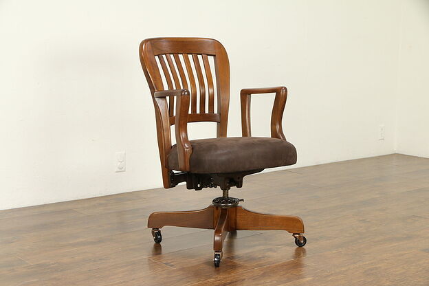 Midcentury Modern Vintage Swivel Adjustable Desk Chair, New Leather #32492 photo