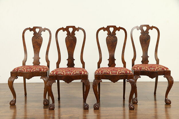 Set of 4 Walnut & Burl Antique Georgian Style Scandinavian Dining Chairs #32511 photo