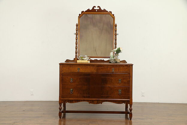 English Tudor Walnut & Curly Maple Antique Chest or Dresser & Mirror #32525 photo
