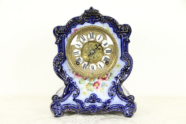 Victorian Cobalt Blue Porcelain Antique 1895 Hand Painted China Clock  #32526 photo
