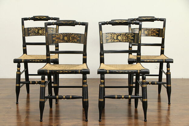 Set of 4 Hitchcock Antique Dining Chairs, Original Painting, Rush Seats  #32550 photo