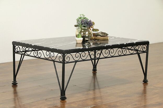 Wrought Iron Vintage Coffee Table, Black Marble with Fossils #32582 photo