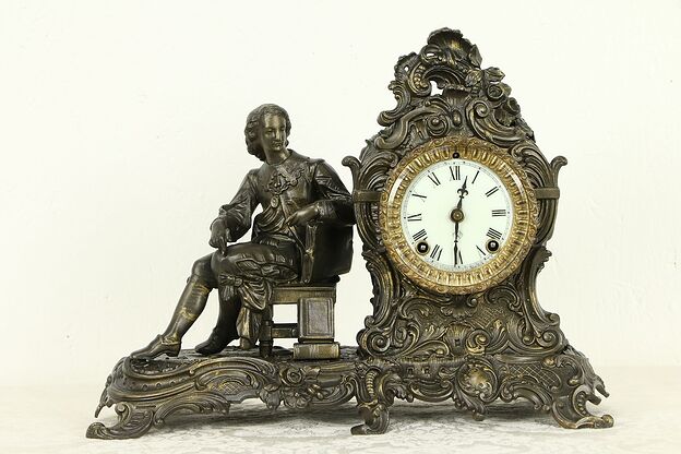 Ansonia NY Antique Shakespeare Figural Clock, Porcelain Dial #32560 photo