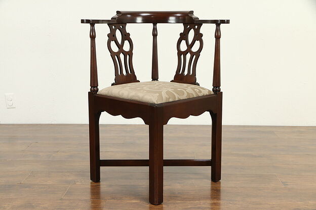 Georgian Style Vintage Mahogany Corner Chair, New Upholstery, Hickory #32680 photo