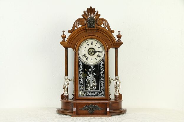Victorian Antique Walnut Mantel Clock, Angel Statues, Ansonia NY #32685 photo