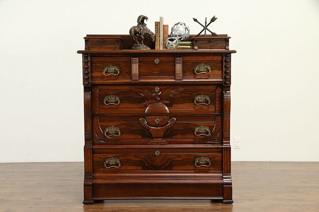 Victorian Antique Walnut  & Burl Chest or Dresser, Carved Eagle & Globe #32686 photo