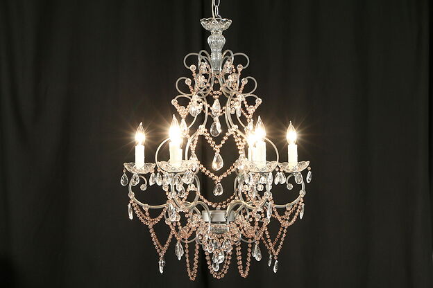 Wrought Iron Chandelier with 6 Candles, Rose Swags & Clear Prisms #32767 photo