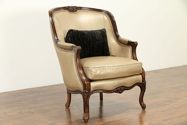Traditional Leather Carved Fruitwood Chair, Hancock & Moore #32989 photo