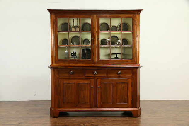 Walnut Antique 1840 Pantry Cupboard or China Cabinet, Wavy Glass  #33000 photo