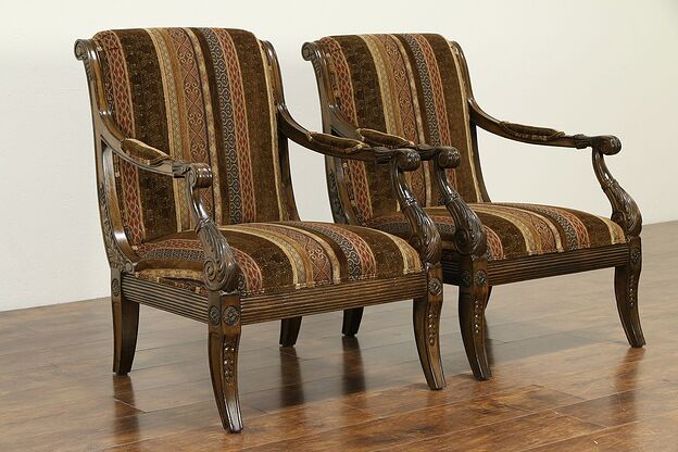 Pair of Carved Fruitwood Custom Upholstered Chairs  #33002 photo