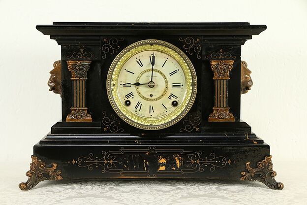 Victorian Antique Mantel Clock, Marble Grain Paint & Lions, Seth Thomas  #32978 photo