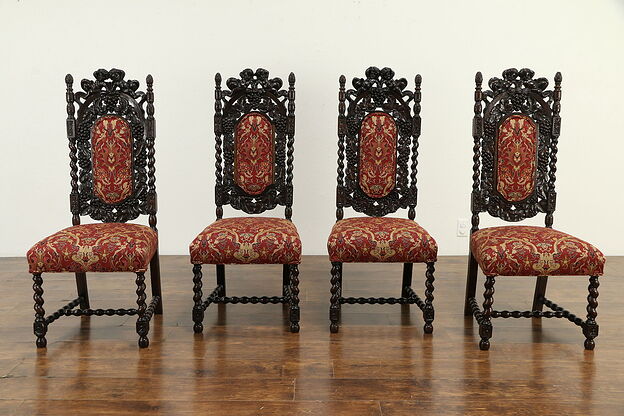 Set of 4 Carved Oak Antique Black Forest Dining Chairs, New Upholstery #33014 photo