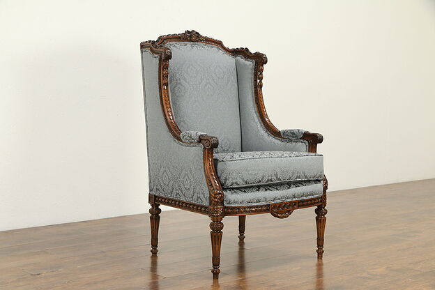 Louis XVI French Style Antique Carved Wing Chair, New Upholstery #33015 photo