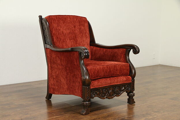 Oak Antique Lodge Wing Chair, Carved Crest, New Upholstery #33016 photo