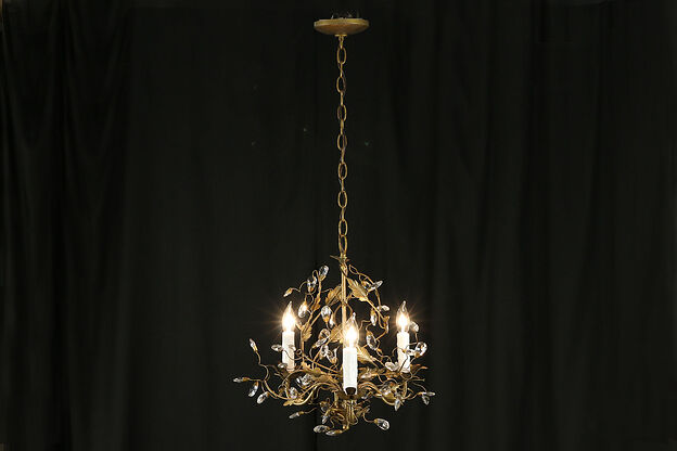 Wrought Iron & Crystal 3 Candle Vintage Chandelier #33054 photo