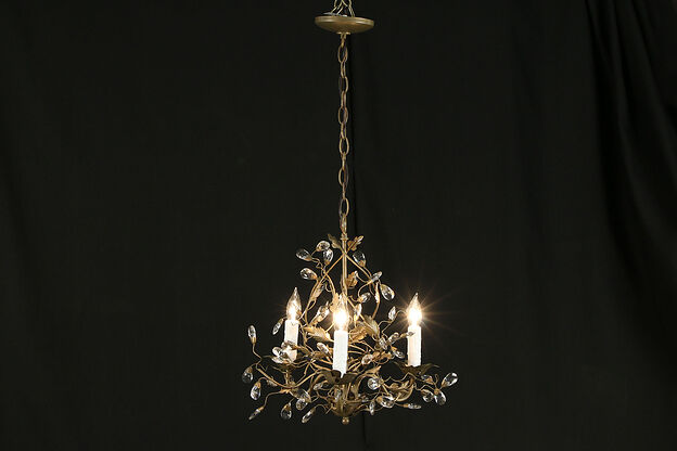 Wrought Iron & Crystal 3 Candle Vintage Chandelier #33055 photo