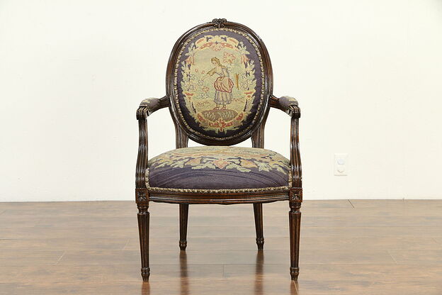French Antique Louis XVI Style Chair Needlepoint & Petit Point Upholstery #33074 photo