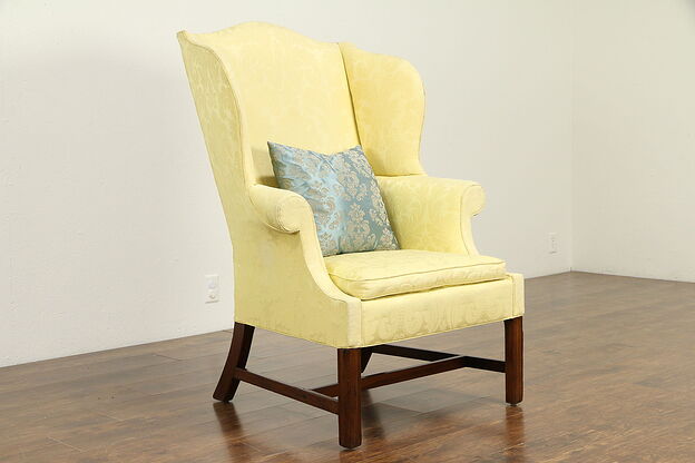 Georgian Antique 1775 Mahogany Wing Chair, Damask Upholstery #33116 photo