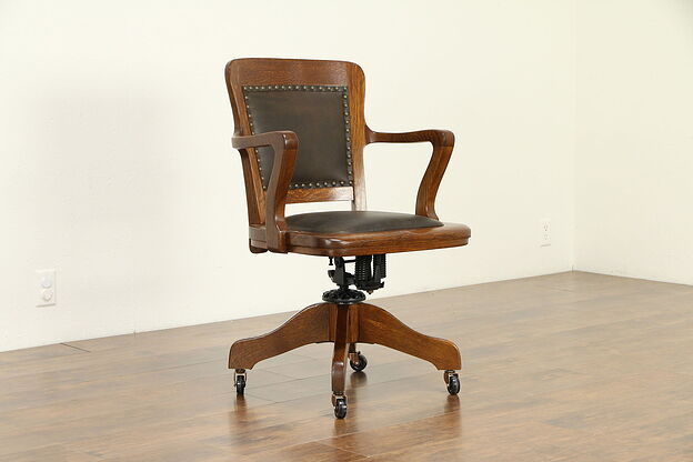 Oak Antique Swivel Adjustable Desk Chair, New Leather, Milwaukee  #33119 photo