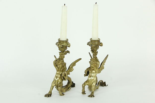 Pair of Antique Bronze Italian Mythological Candlesticks, Pandiani Milan #33159 photo