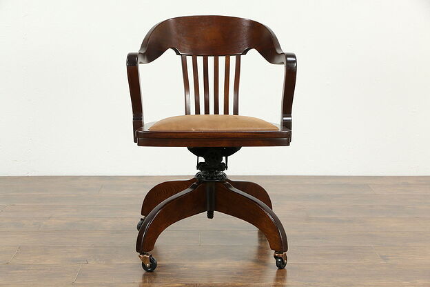 Walnut Antique 1920 Swivel Adjustable Desk Chair, Leather Seat #33198 photo