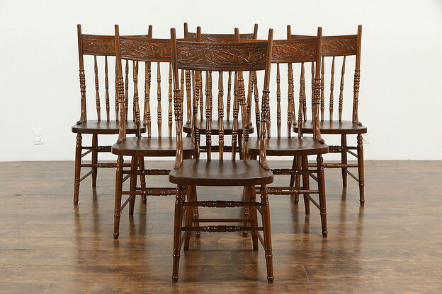 Set of 6 Antique Ash Pressback Country Dining Chairs, Cherry Carving #33209 photo