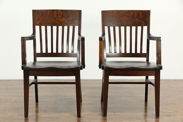 Pair of Antique Quarter Sawn Oak Craftsman Dining or Office Desk Chairs #33230 photo