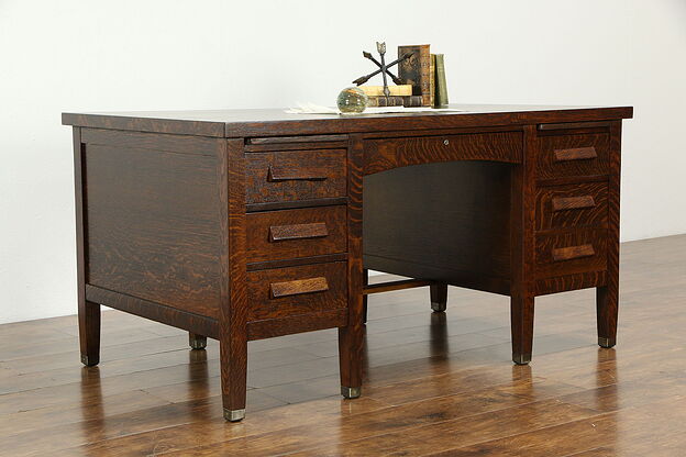 Craftsman Oak Quarter Sawn Antique Desk, File Drawer, Brass Feet #33274 photo