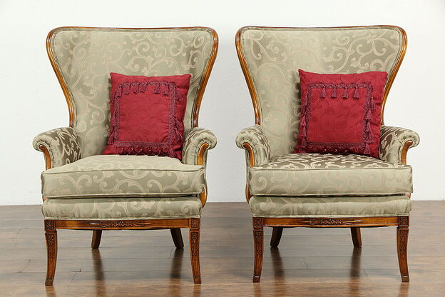 Traditional Wing Back Vintage Pair of Chairs, New Upholstery #33293 photo