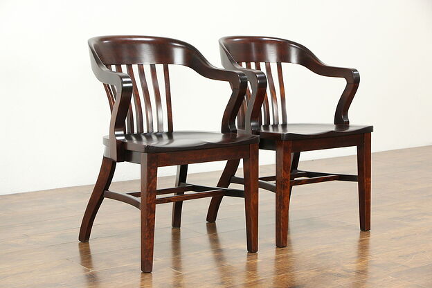Pair of 1910 Antique Mahogany Finish Banker, Desk or Office Chairs  #33196 photo