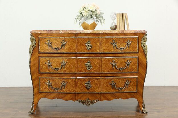 Italian Bombe Tulipwood Marquetry Chest, Dresser, Commode, Marble #33199 photo