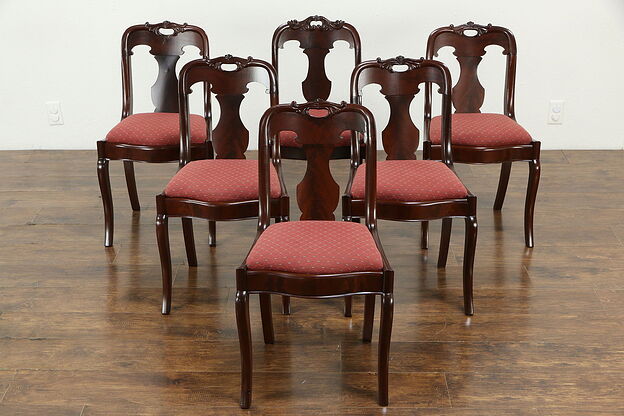 Set of 6 Empire Antique Carved Mahogany Dining Chairs, New Upholstery #33222 photo