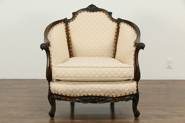 French Design Carved Vintage Club Chair, Recent Upholstery #33298 photo