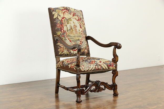 English Tudor Antique Throne or Hall Chair, Needlepoint & Petit Point #33299 photo
