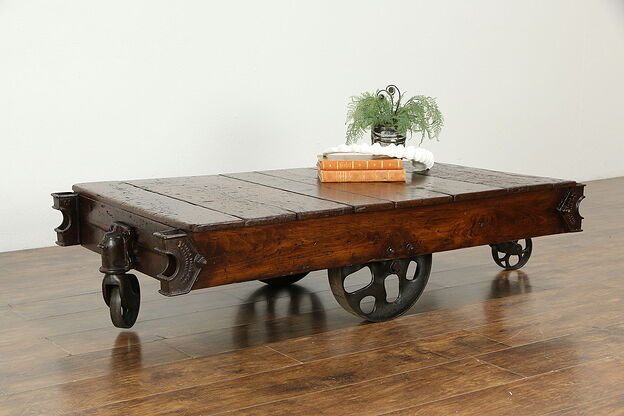 Industrial 1900's Antique Railroad Salvage Oak Cart, Coffee Table, Signed #33308 photo