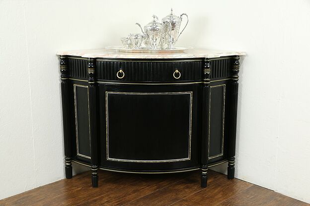 English Vintage Black & Gold Corner Cabinet, Marble Top #33339 photo