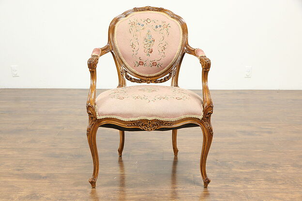 French Style Vintage Beech Chair, Needlepoint & Petit Point Upholstery #33382 photo
