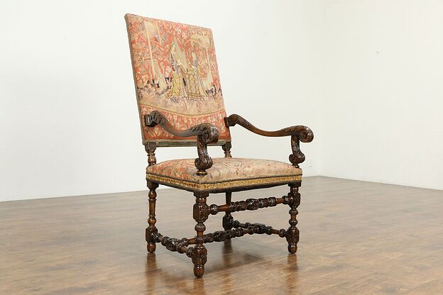 Carved Walnut Antique French Throne or Hall Chair, Unicorn Tapestry  #33391 photo