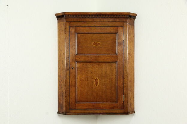 Oak Antique English Hanging Corner Cabinet or Cupboard, Marquetry Shells #33461 photo