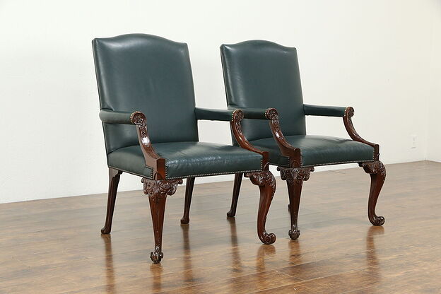 Pair of Georgian Style Vintage Leather & Carved Mahogany Chairs, Baker #33479 photo