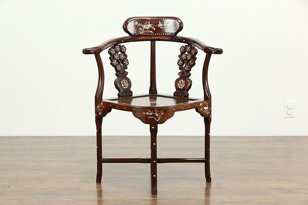 Chinese Rosewood Vintage Corner Chair, Pearl Inlay #33520 photo
