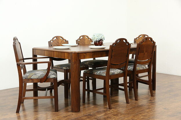Art Deco Vintage Dining Set Table & Leaf, 6 Chairs Newly Upholstered #33523 photo