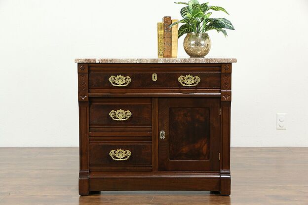 Victorian Eastlake Antique Small Walnut Chest or Nightstand, Marble Top #33650 photo