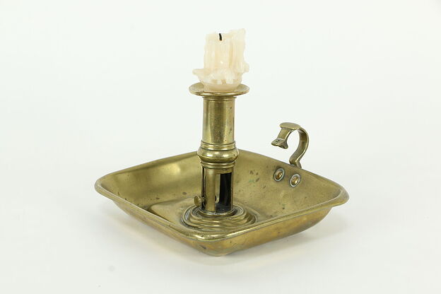Brass Antique Chamber Stick or Candle Holder with Pusher #33720 photo