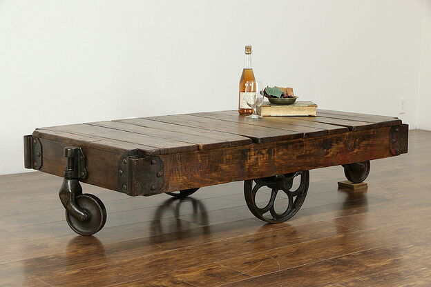Industrial Salvage 1910 Antique Railroad Maple & Iron Cart, Coffee Table #33774 photo