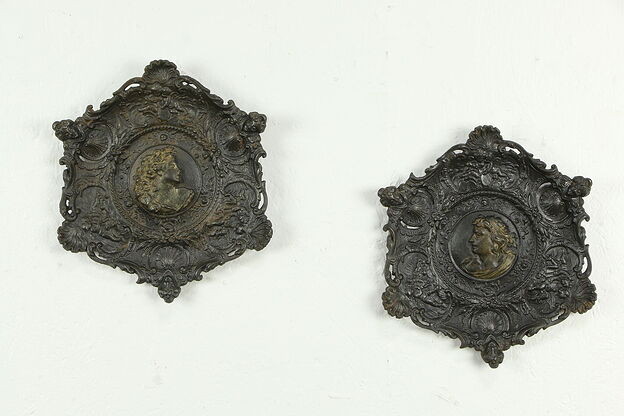 Pair of Victorian Antique Iron Trays or Wall Plaques, Angels & Faces #33785 photo