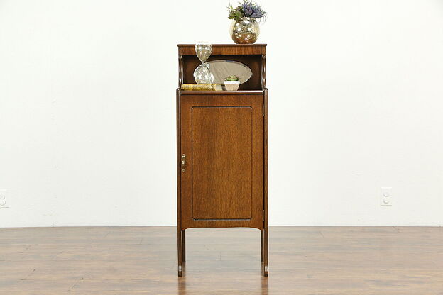 Craftsman Period Antique Oak Music Cabinet with Beveled Mirror #33940 photo