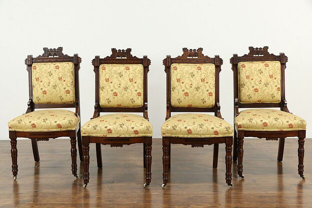 Set of 4 Victorian Eastlake Walnut Dining or Game Chairs #34025 photo