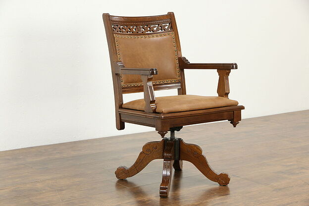 Victorian Eastlake Antique Walnut Swivel Adjustable Desk Chair, Leather #34078 photo